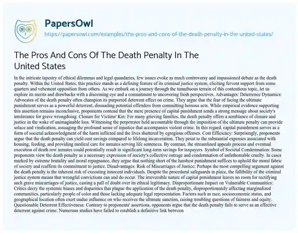 Essay on The Pros and Cons of the Death Penalty in the United States
