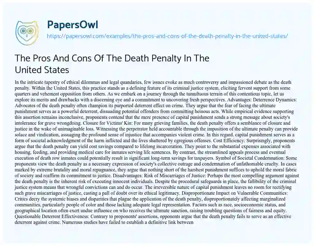 The Pros And Cons Of The Death Penalty In The United States - Free ...