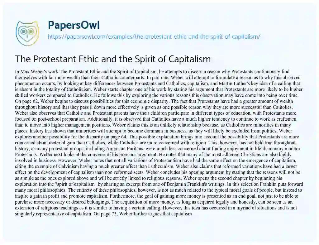 The Protestant Ethic and the Spirit of Capitalism essay