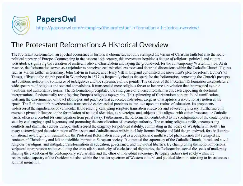 Essay on The Protestant Reformation: a Historical Overview