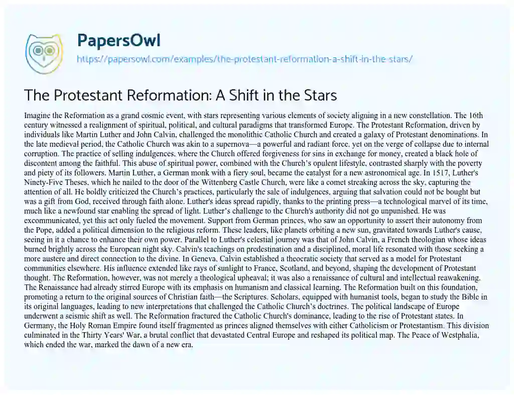 Essay on The Protestant Reformation: a Shift in the Stars