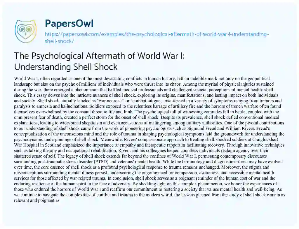 Essay on The Psychological Aftermath of World War I: Understanding Shell Shock