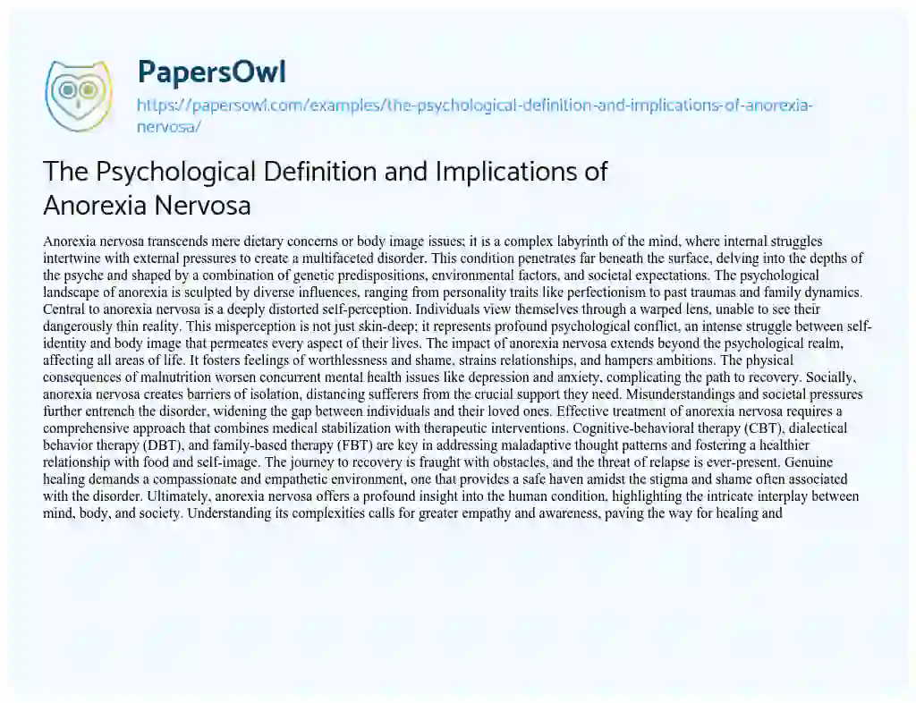 Essay on The Psychological Definition and Implications of Anorexia Nervosa