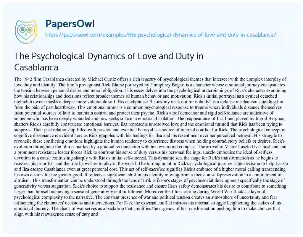 Essay on The Psychological Dynamics of Love and Duty in Casablanca