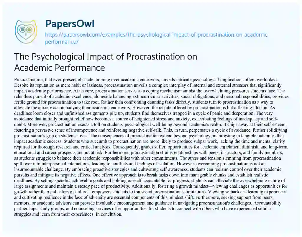 Essay on The Psychological Impact of Procrastination on Academic Performance