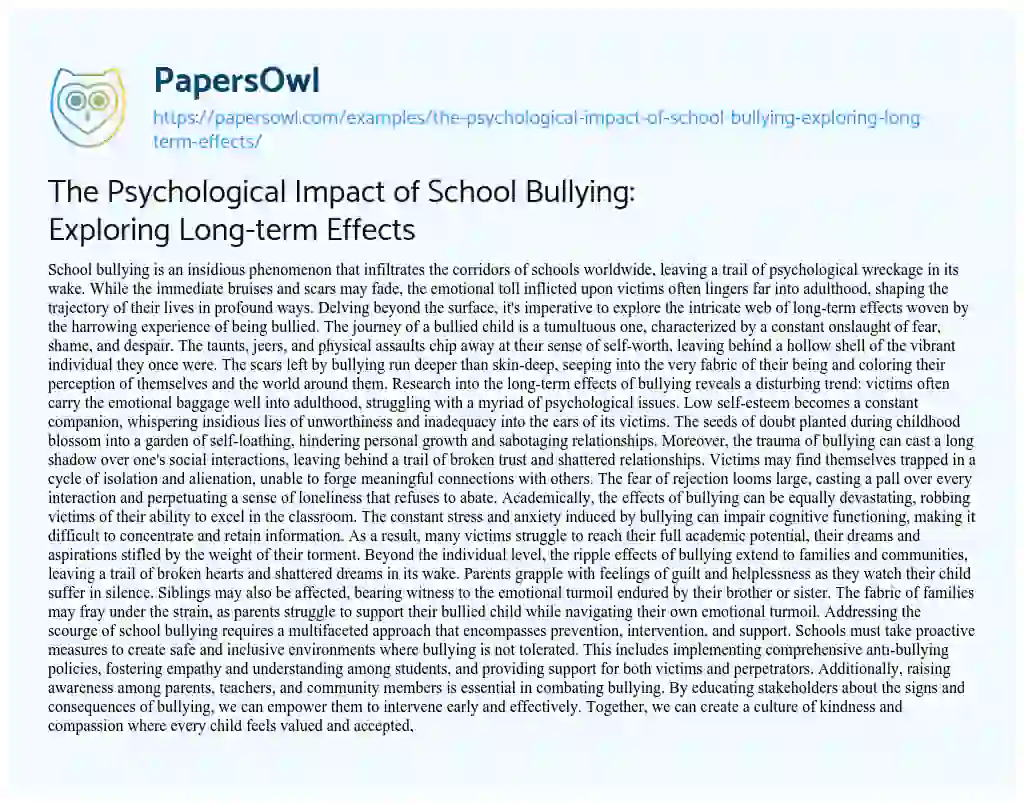 Essay on The Psychological Impact of School Bullying: Exploring Long-term Effects