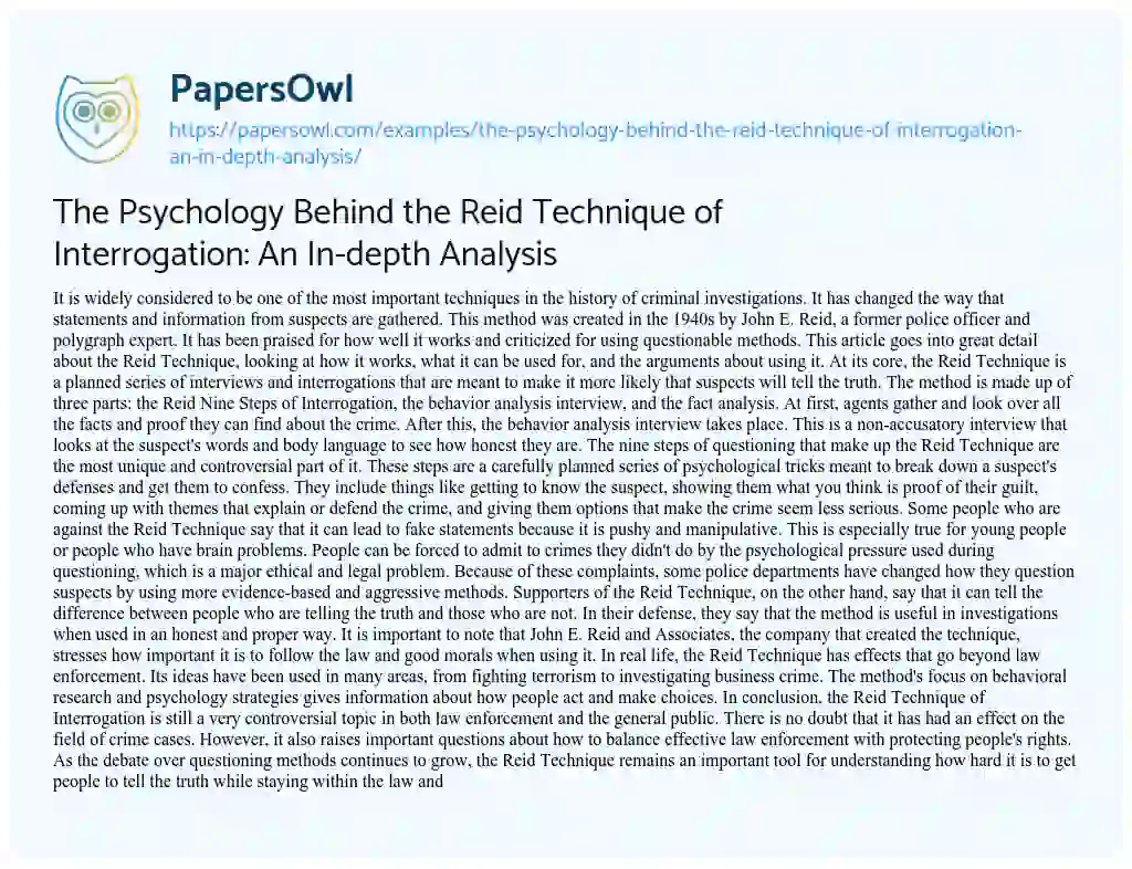 Essay on The Psychology Behind the Reid Technique of Interrogation: an In-depth Analysis