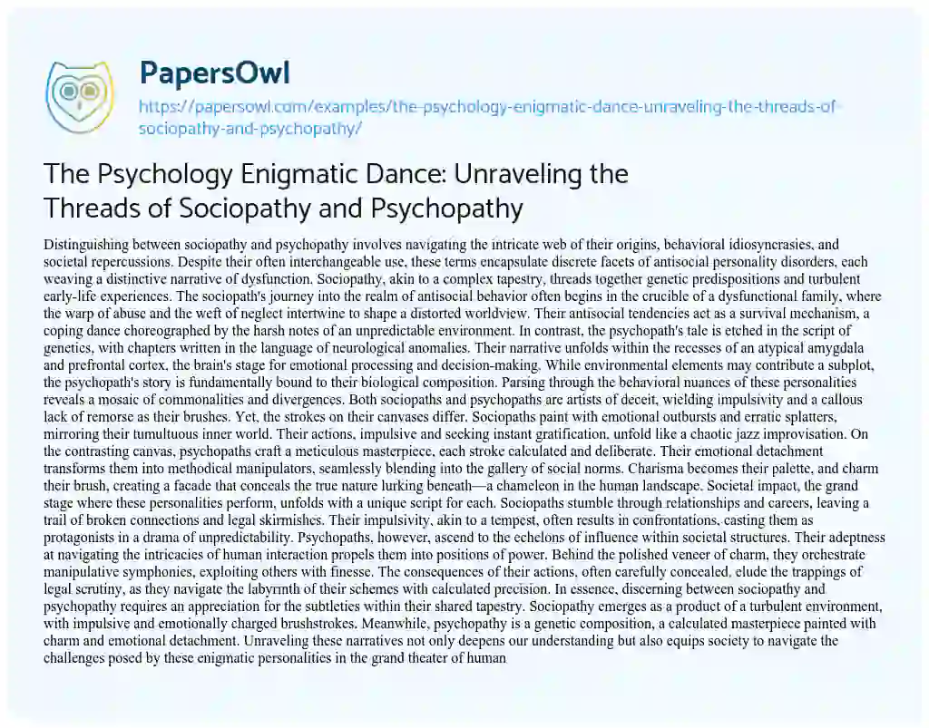 Essay on The Psychology Enigmatic Dance: Unraveling the Threads of Sociopathy and Psychopathy