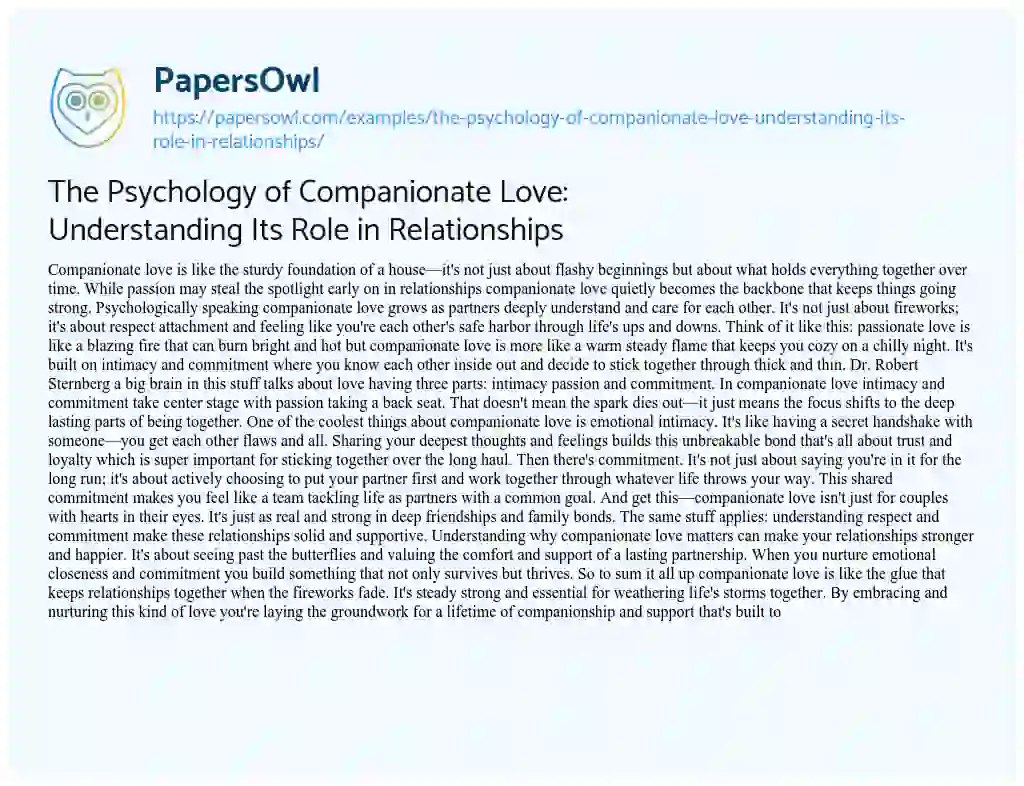 Essay on The Psychology of Companionate Love: Understanding its Role in Relationships