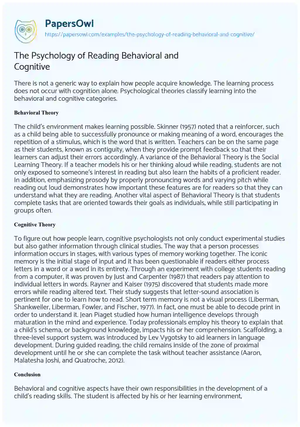 Essay on The Psychology of Reading Behavioral and Cognitive