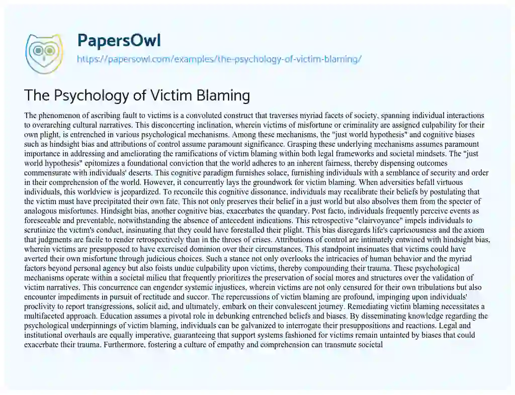 Essay on The Psychology of Victim Blaming