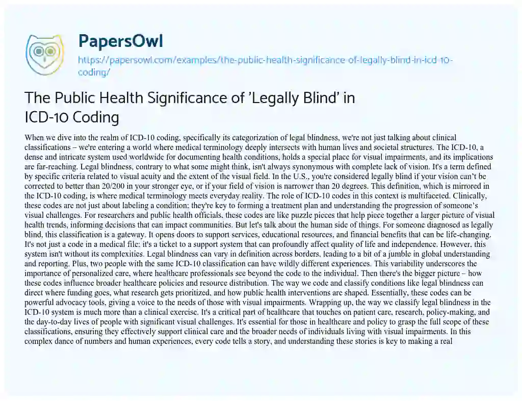 Essay on The Public Health Significance of ‘Legally Blind’ in ICD-10 Coding