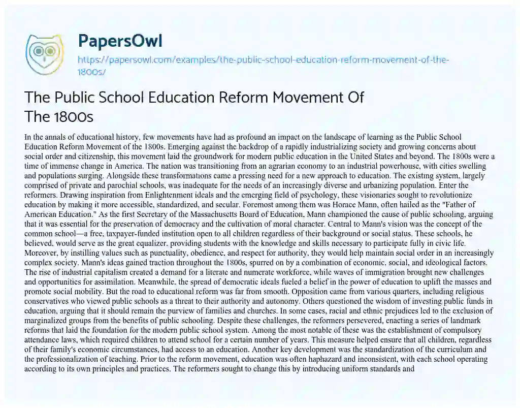 Essay on The Public School Education Reform Movement of the 1800s
