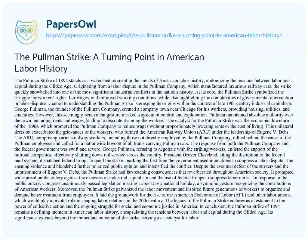 Essay on The Pullman Strike: a Turning Point in American Labor History