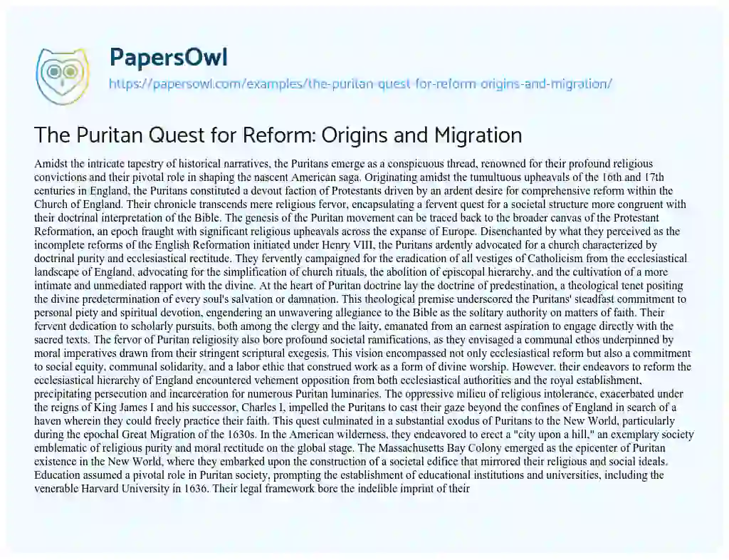 Essay on The Puritan Quest for Reform: Origins and Migration