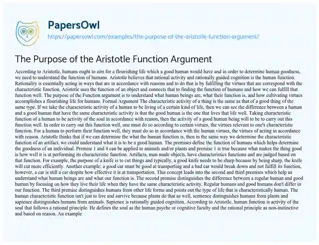 The Purpose of the Aristotle Function Argument essay