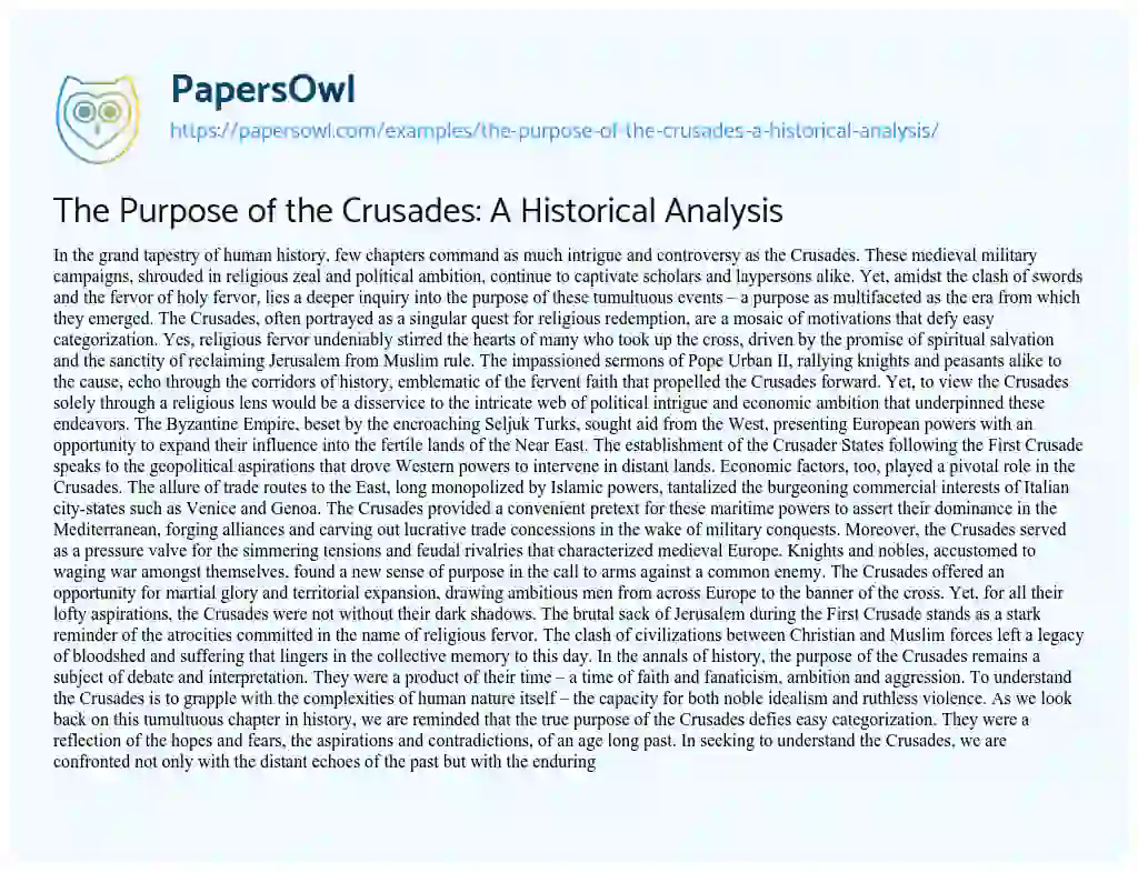 Essay on The Purpose of the Crusades: a Historical Analysis