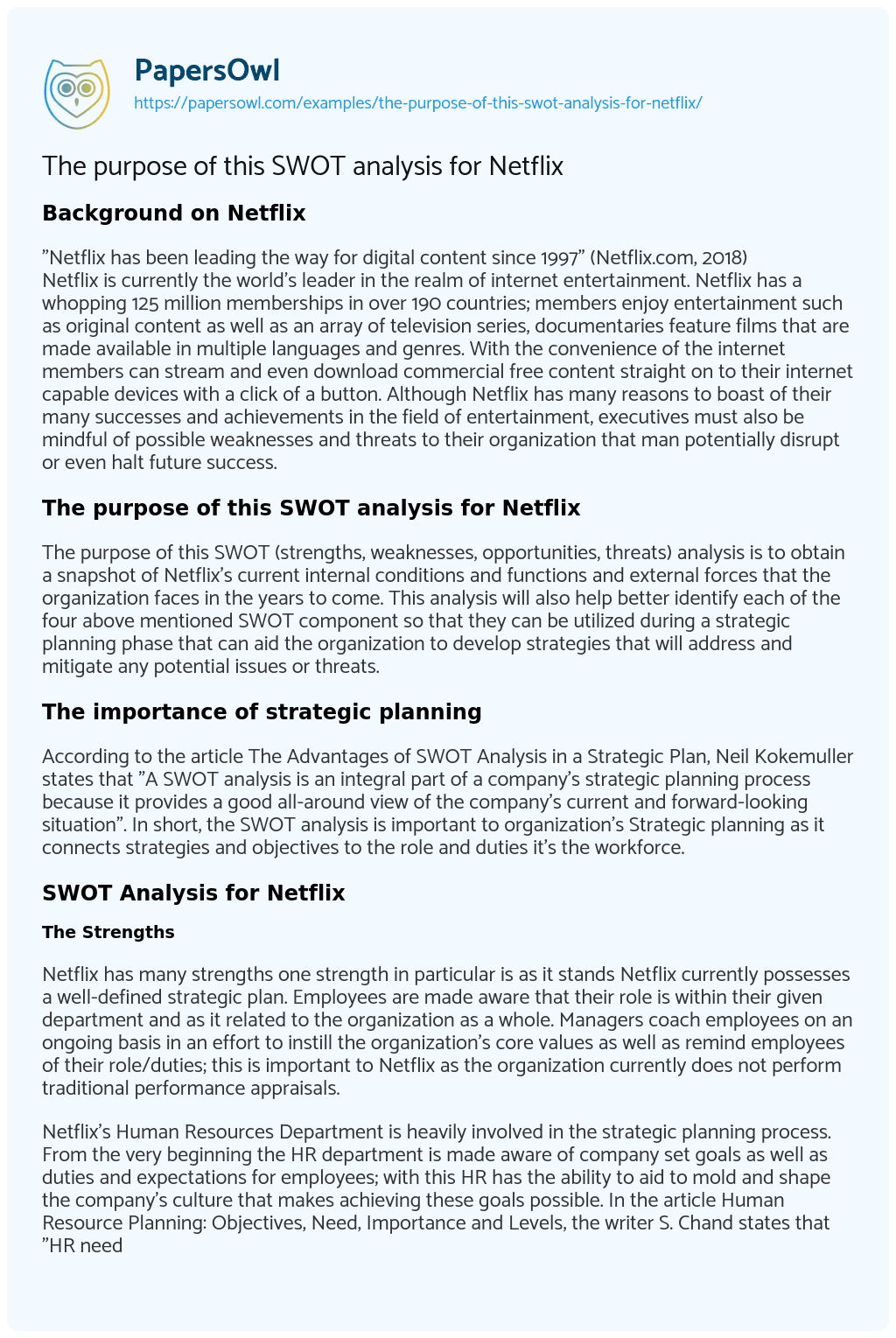 Essay on The Purpose of this SWOT Analysis for Netflix