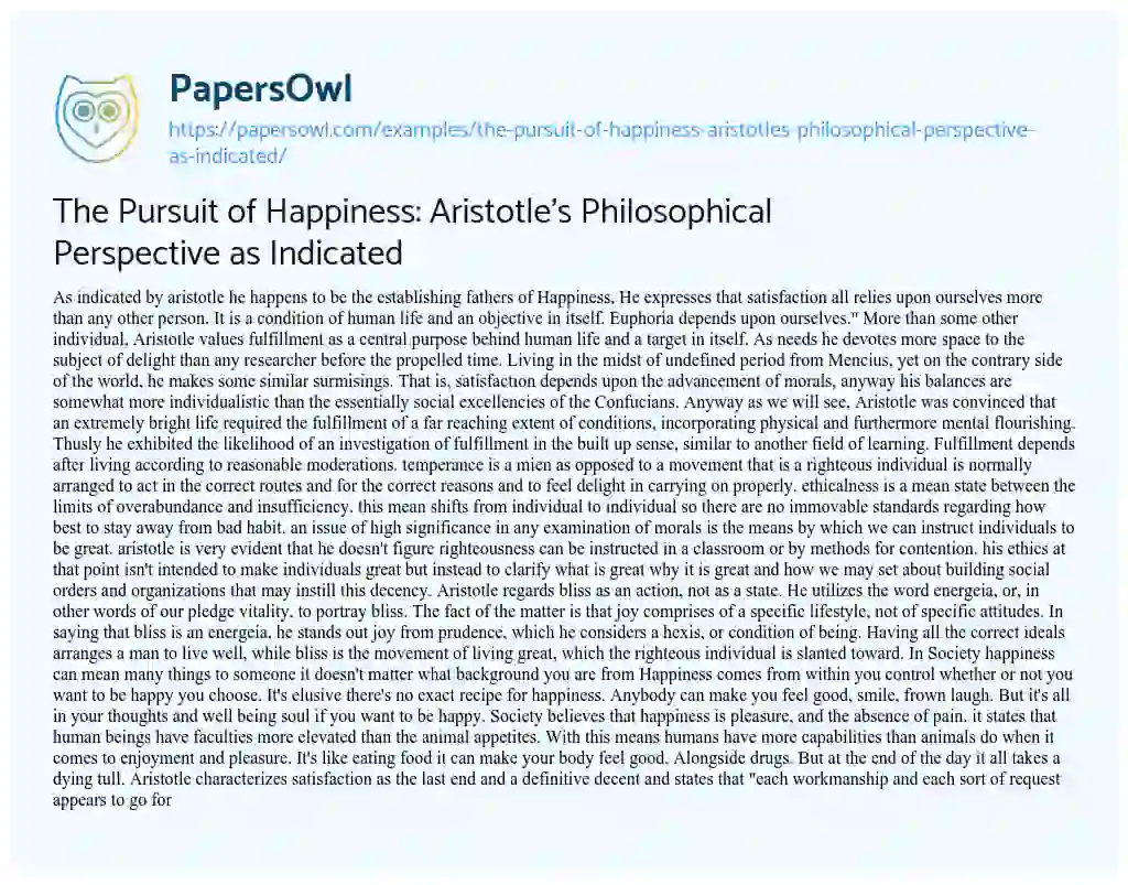 Essay on The Pursuit of Happiness: Aristotle’s Philosophical Perspective as Indicated