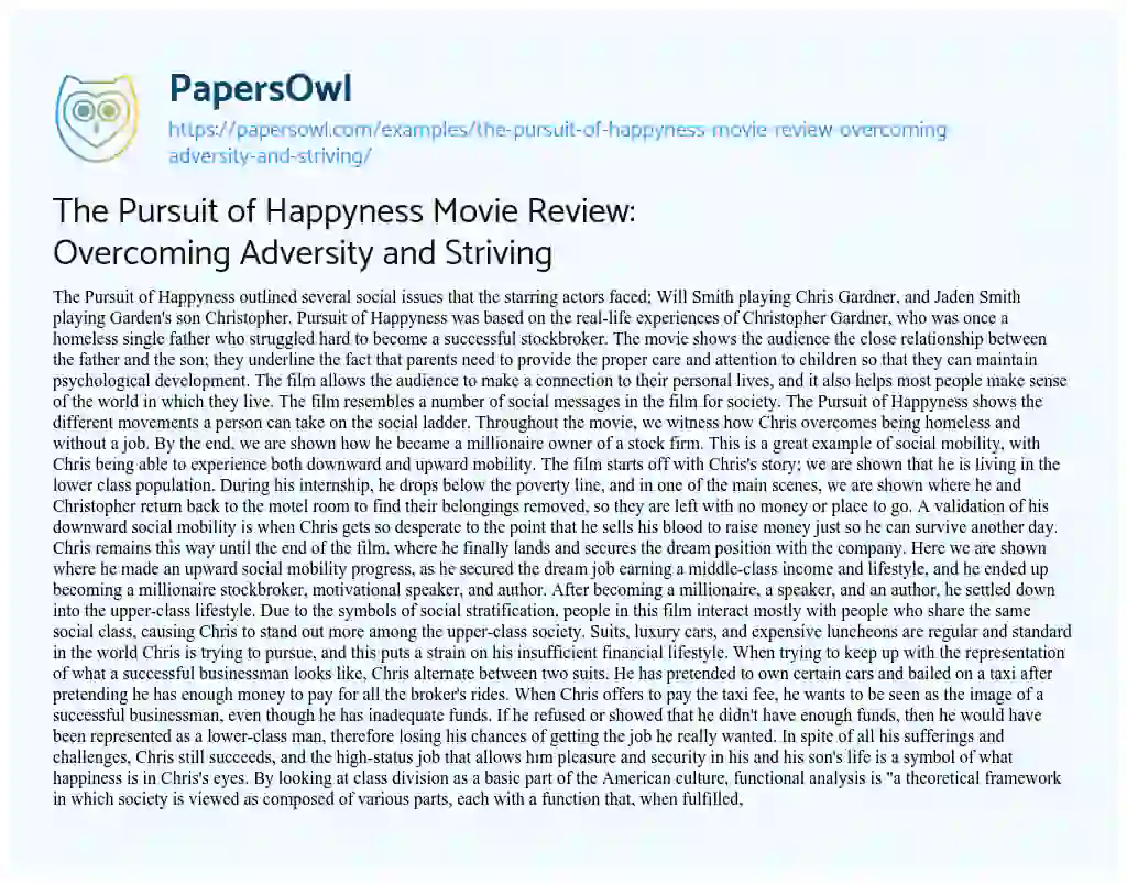 Essay on The Pursuit of Happyness Movie Review: Overcoming Adversity and Striving