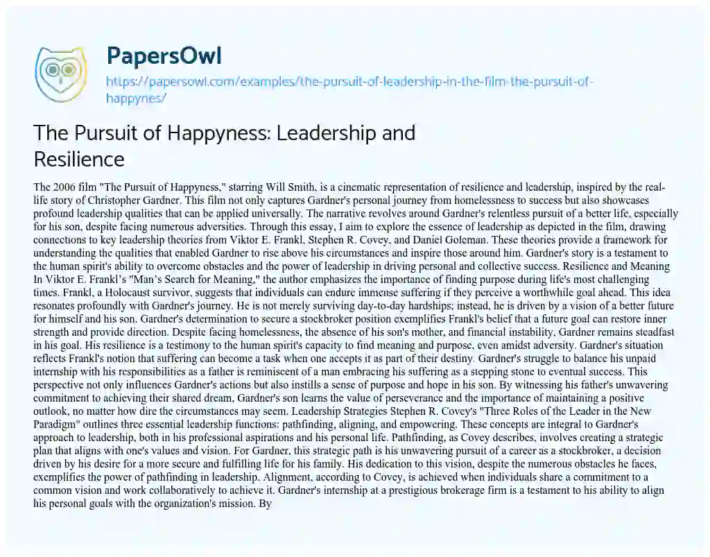 Essay on The Pursuit of Leadership in the Film the Pursuit of Happynes