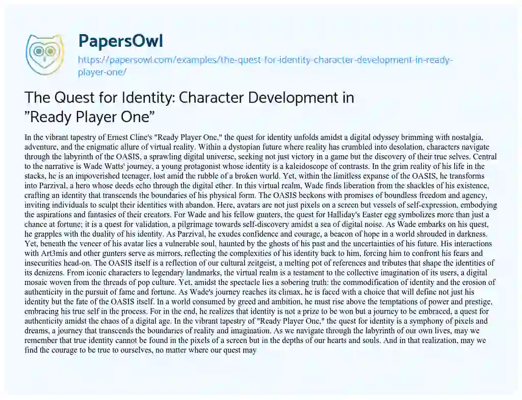 Essay on The Quest for Identity: Character Development in “Ready Player One”