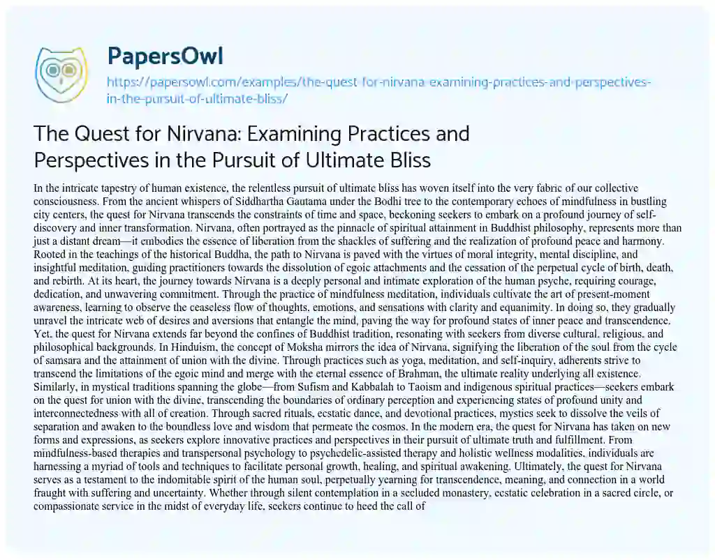 Essay on The Quest for Nirvana: Examining Practices and Perspectives in the Pursuit of Ultimate Bliss