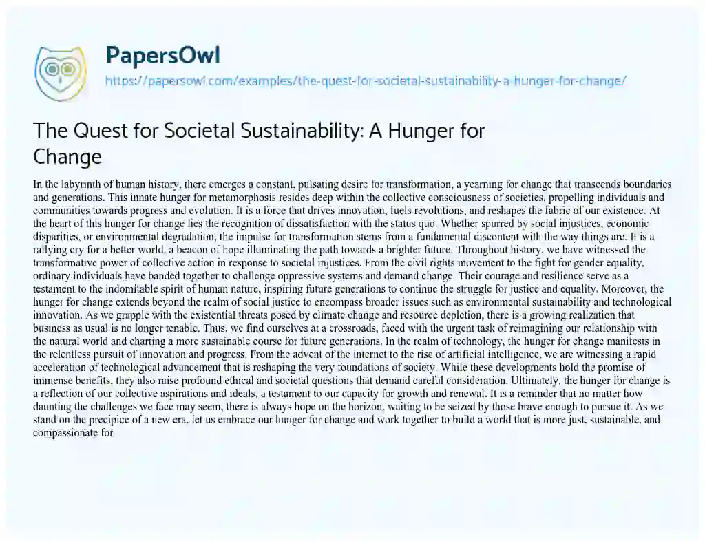 Essay on The Quest for Societal Sustainability: a Hunger for Change