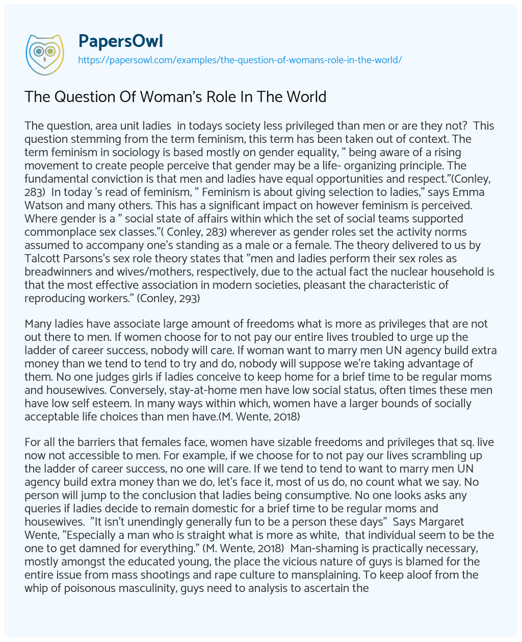 The Question of Woman’s Role in the World essay