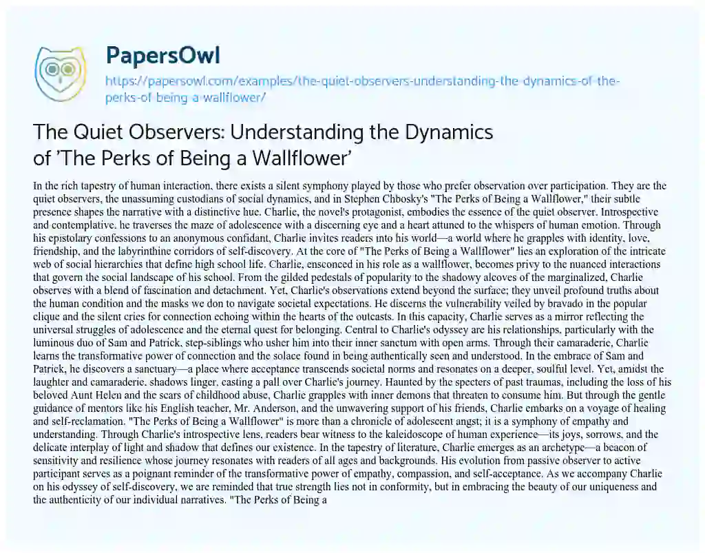 Essay on The Quiet Observers: Understanding the Dynamics of ‘The Perks of being a Wallflower’