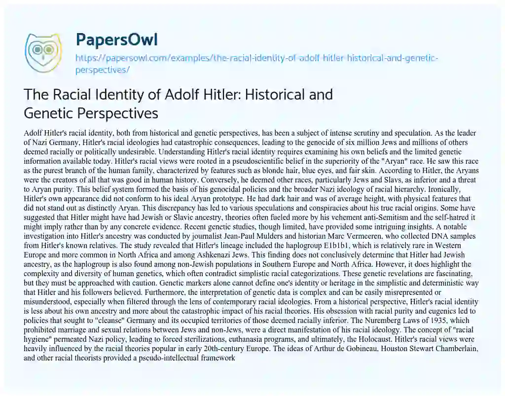 Essay on The Racial Identity of Adolf Hitler: Historical and Genetic Perspectives