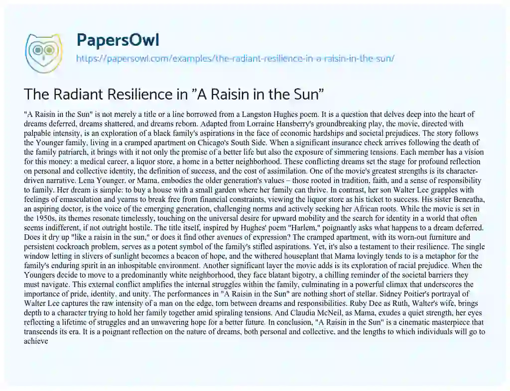 Essay on The Radiant Resilience in “A Raisin in the Sun”