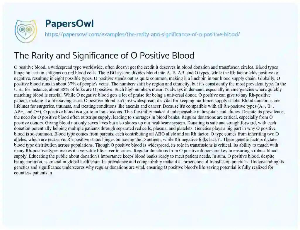 Essay on The Rarity and Significance of O Positive Blood