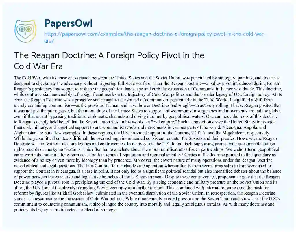 Essay on The Reagan Doctrine: a Foreign Policy Pivot in the Cold War Era