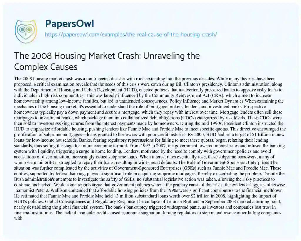 Essay on The Real Cause of the Housing Crash