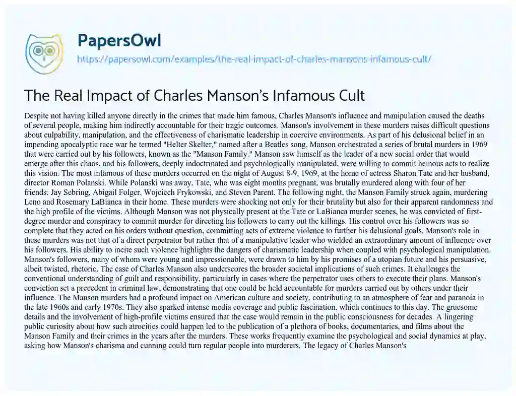 Essay on The Real Impact of Charles Manson’s Infamous Cult