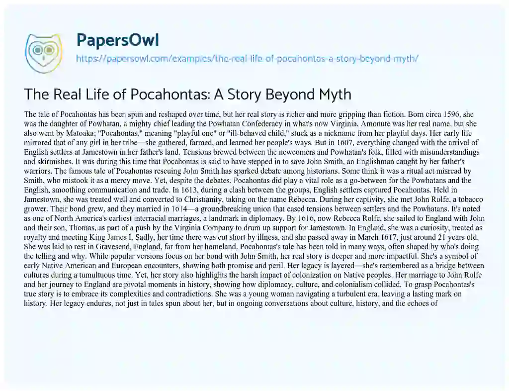 Essay on The Real Life of Pocahontas: a Story Beyond Myth