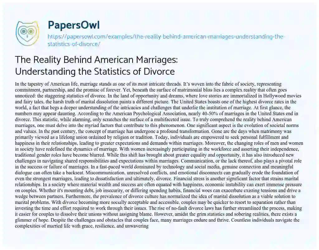 Essay on The Reality Behind American Marriages: Understanding the Statistics of Divorce