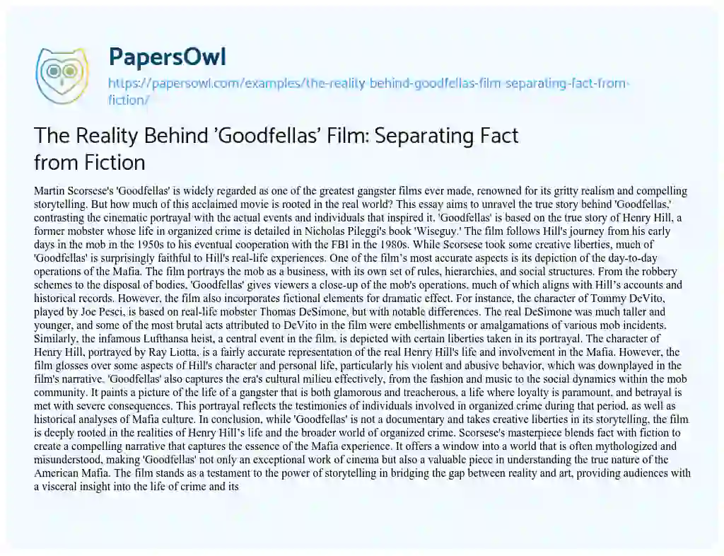 Essay on The Reality Behind ‘Goodfellas’ Film: Separating Fact from Fiction