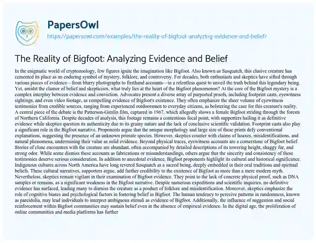 Essay on The Reality of Bigfoot: Analyzing Evidence and Belief