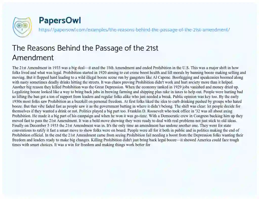 Essay on The Reasons Behind the Passage of the 21st Amendment