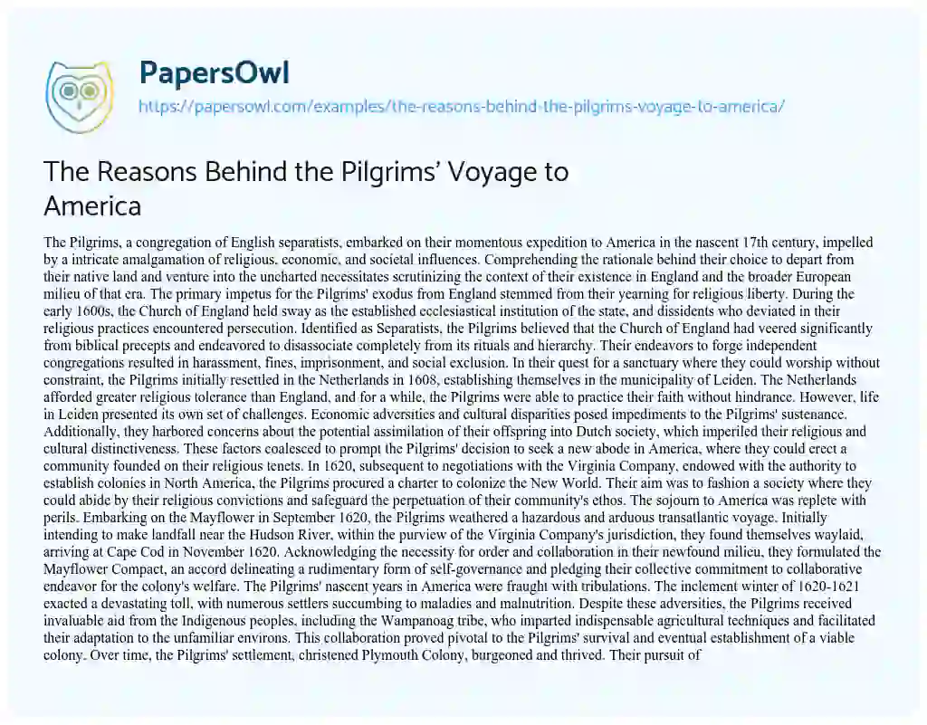 Essay on The Reasons Behind the Pilgrims’ Voyage to America
