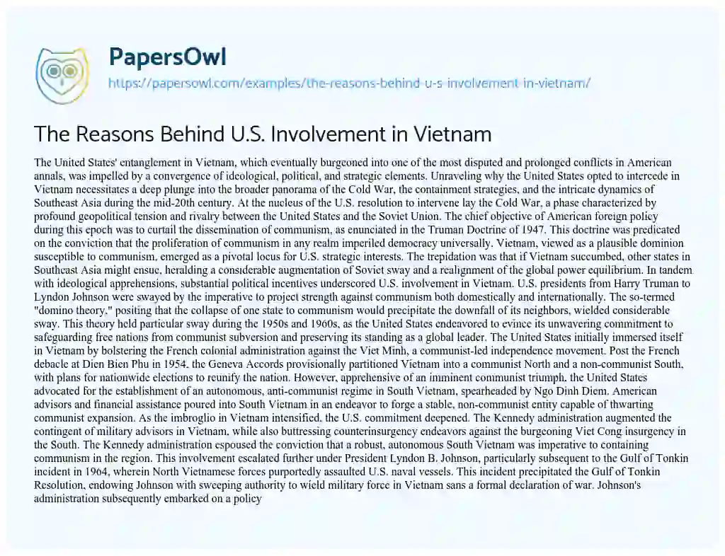 Essay on The Reasons Behind U.S. Involvement in Vietnam