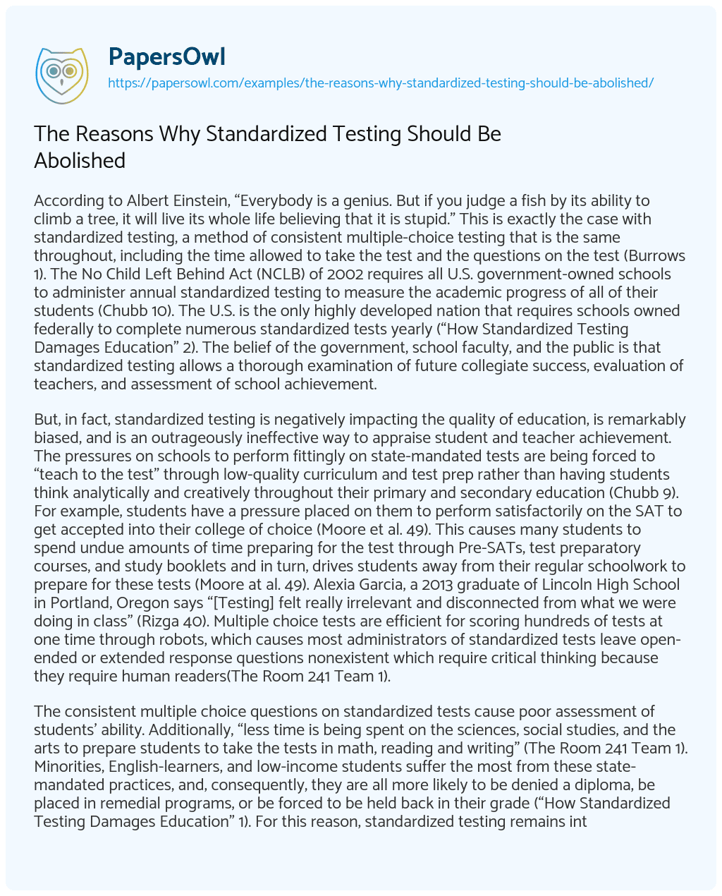 The Reasons Why Standardized Testing Should Be Abolished - Free Essay ...