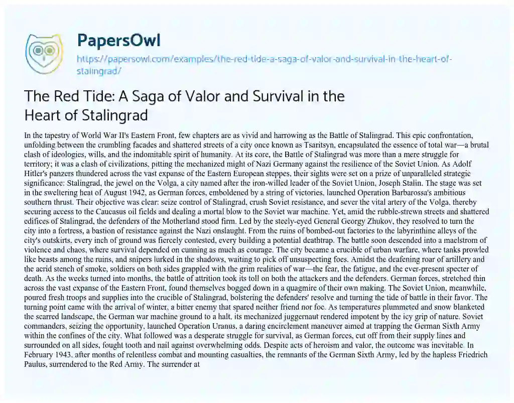 Essay on The Red Tide: a Saga of Valor and Survival in the Heart of Stalingrad