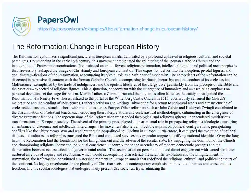 Essay on The Reformation: Change in European History