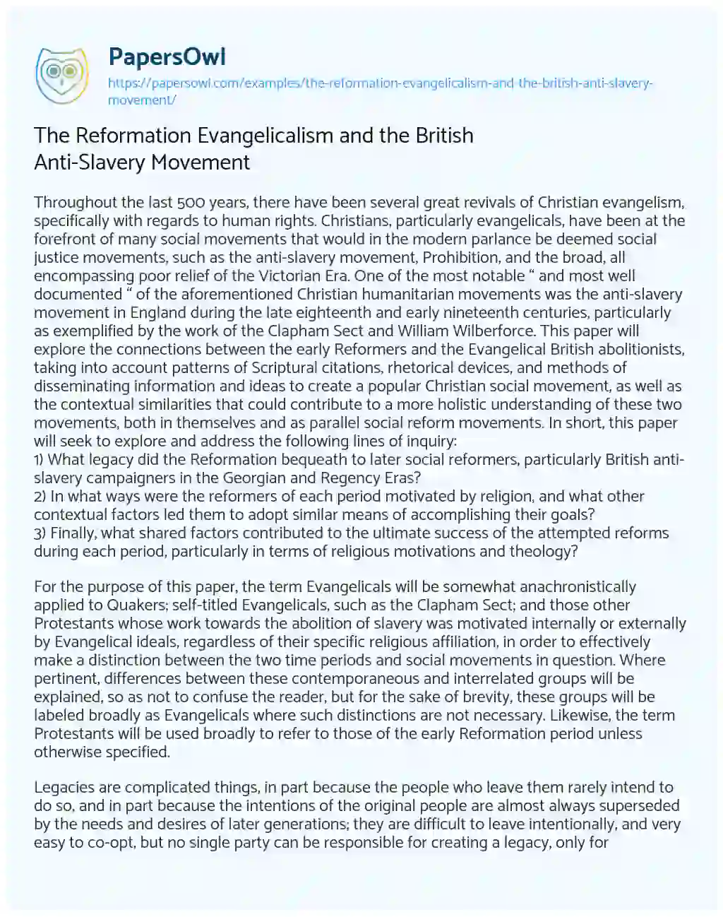 Essay on The Reformation Evangelicalism and the British Anti-Slavery Movement