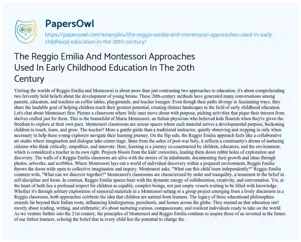Essay on The Reggio Emilia and Montessori Approaches Used in Early Childhood Education in the 20th Century