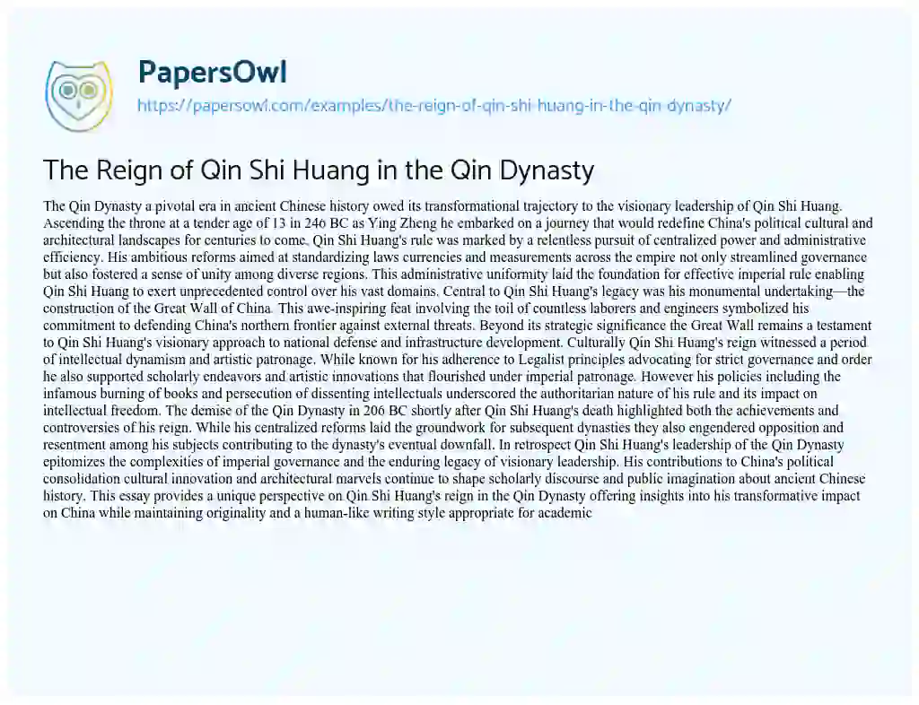 Essay on The Reign of Qin Shi Huang in the Qin Dynasty