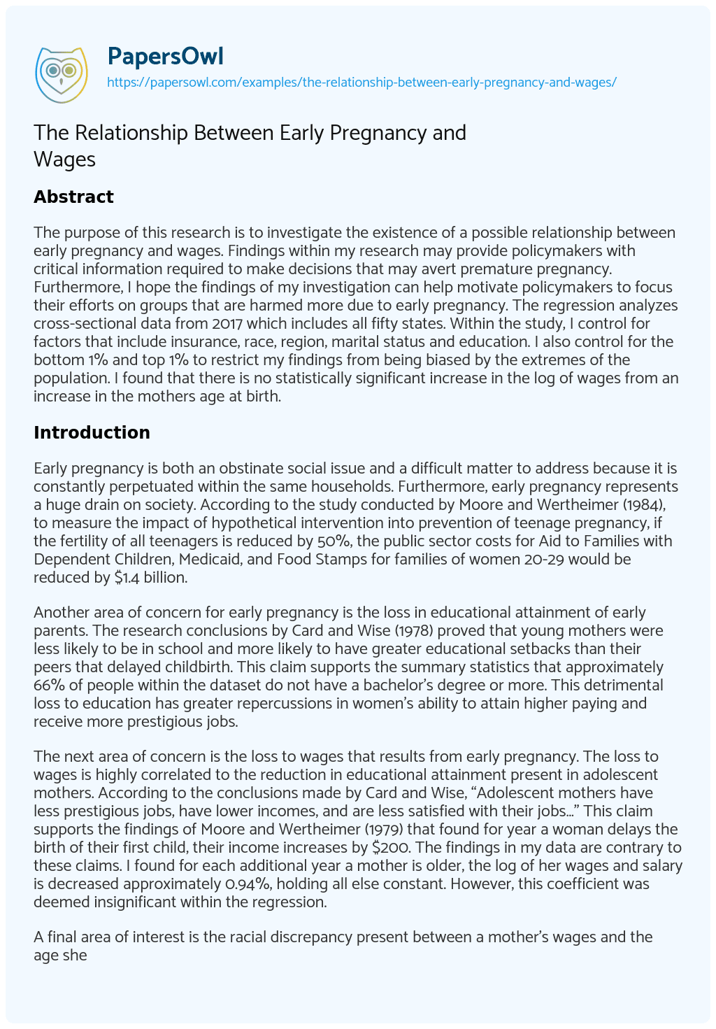 Essay on The Relationship between Early Pregnancy and Wages